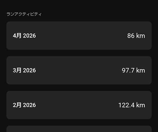 2月・3月・4月の月別走行距離（Garminアプリより）